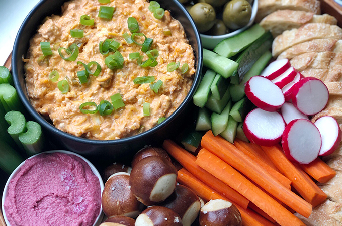Buffalo Chicken Dip with Chips, Vegetables and Hummus