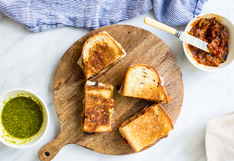 Caponata Grilled Cheese on a Wooden Board