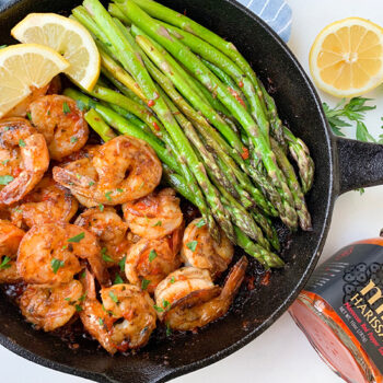 Spicy Harissa Shrimp in Skillet with Asparagus
