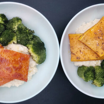 Butternut Squash Steaks with Rice and Broccoli on White Plates