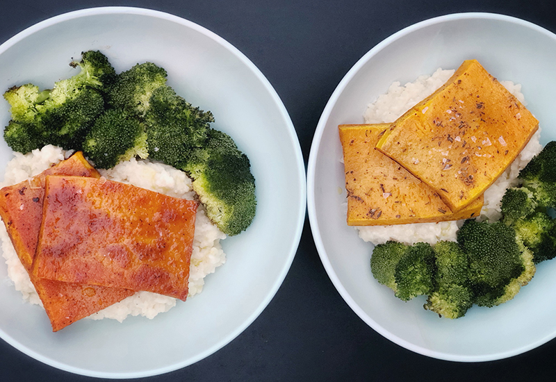Butternut Squash Steaks with Rice and Broccoli on White Plates