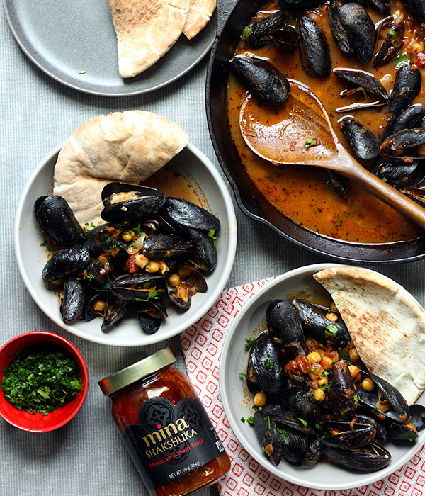Moroccan Mussels and Chickpeas on plates