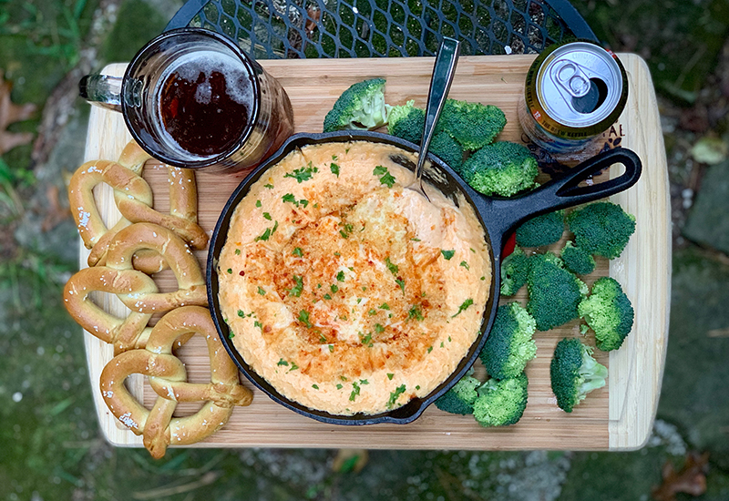 Oktoberfest Beer Cheese with Pretzels, Broccoli, and Beer