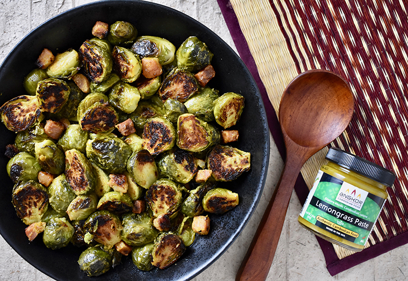 Roasted Brussels Sprouts with Lemongrass in a Black Bowl