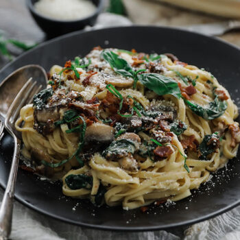 Brie Bacon & Basil Pasta on a Plate