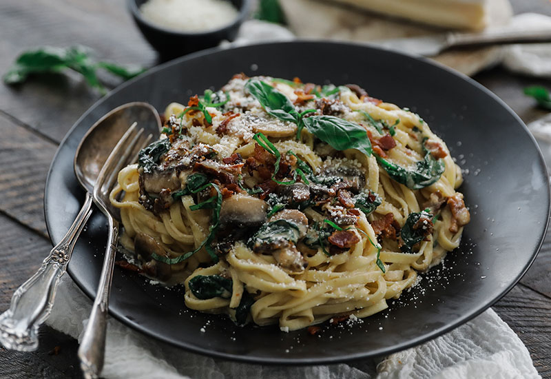 Brie Bacon & Basil Pasta on a Plate