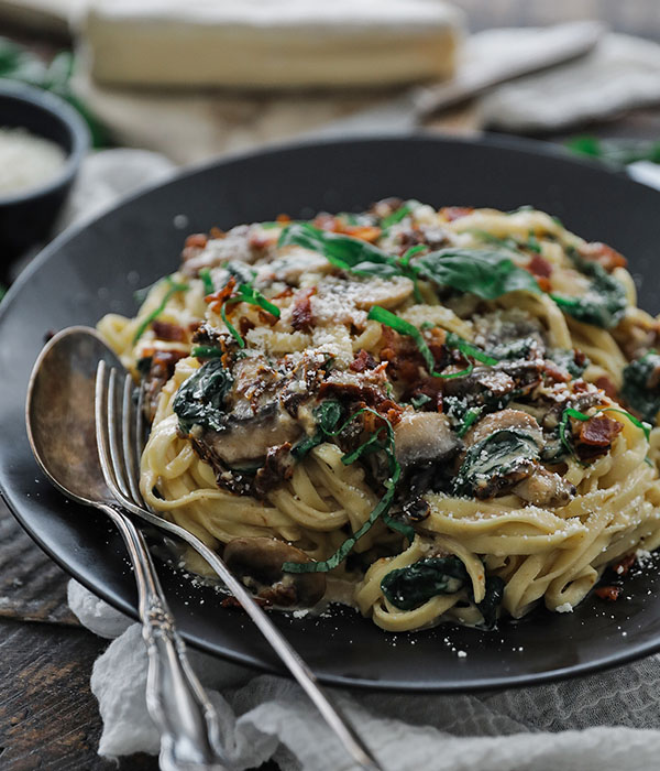 Brie, Bacon & Basil Pasta on Plate
