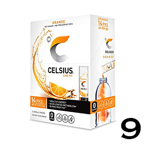 Box of Celcius on the go drink pouches, orange flavored