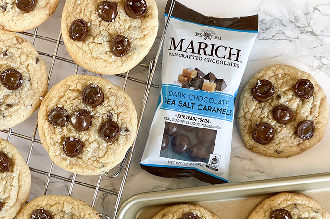Chocolate Sea Salt and Toffee Cookies with Marich Chocolate Package