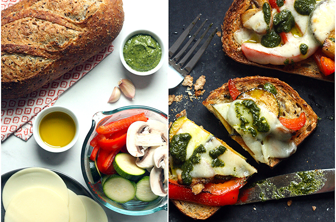 Open Face Veg Melts with Pesto Ingredients and Finished Sandwich