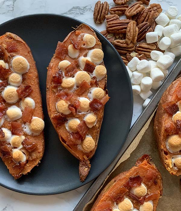 Twice Baked Sweet Potatoes with Candied Bacon and Marshmallows