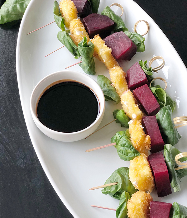 Roasted Beet and Fried Mozzarella Caprese Skewer with Balsamic Glaze