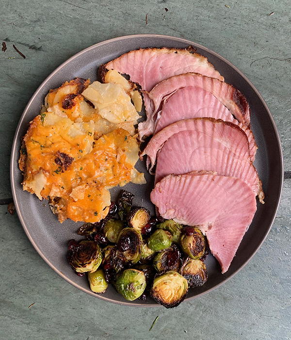 Honey Mango Habanero Ham with Scalloped Potatoes & Cranberry Balsamic Brussels Sprouts