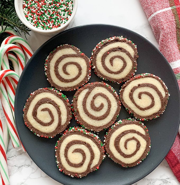 Double Chocolate Peppermint Pinwheel Cookies on Plate