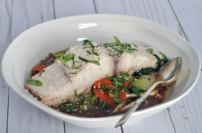 Mahi Mahi Poached in Five Spice Broth with Baby Bok Choy and Udon Noodles
