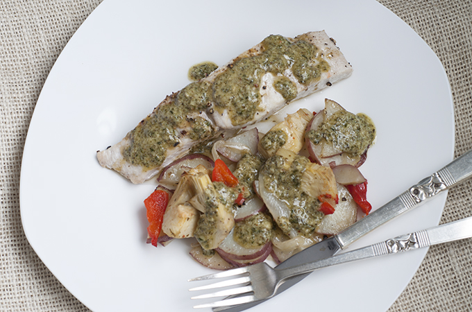 Mahi Mahi with Artichokes, New Potatoes and Pesto Drizzle