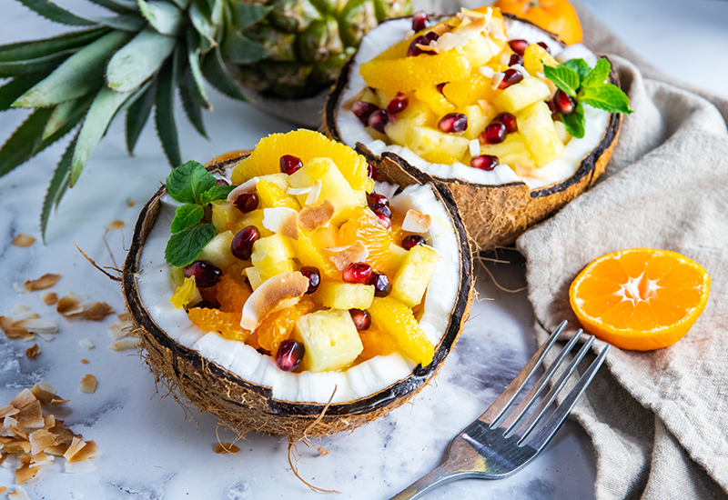 Fruit salad served in coconut