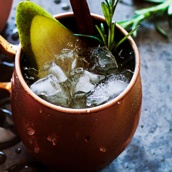 PEar moscow mule served in copper mug