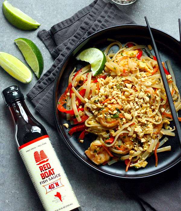 Shrimp Pad Thai with Red Boat Fish Sauce Bottle