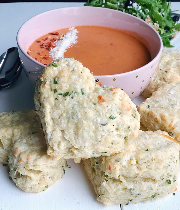Heinen's Fondue Cheese & Chive Scones with Tomato Basil Bisque