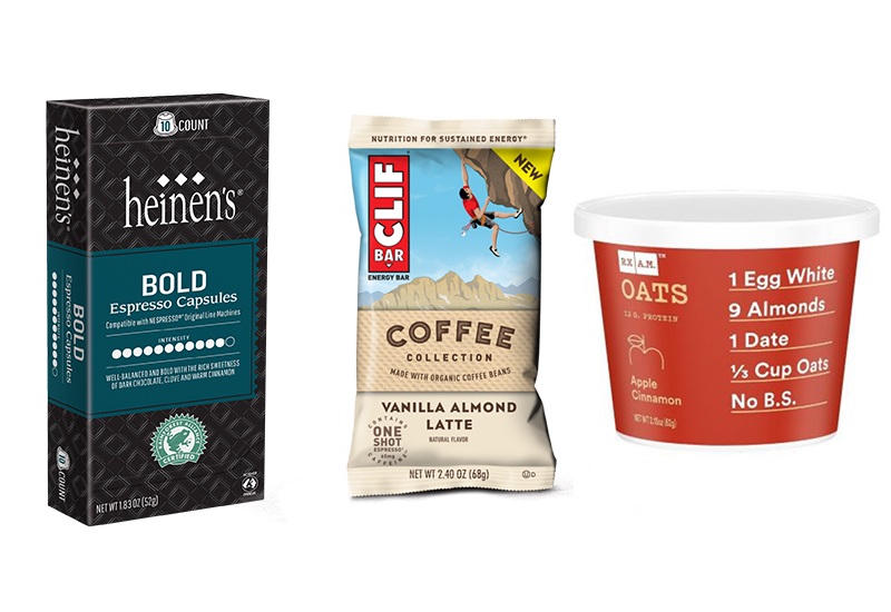 Espresso capsules, coffee CLif bar and RX bar oats
