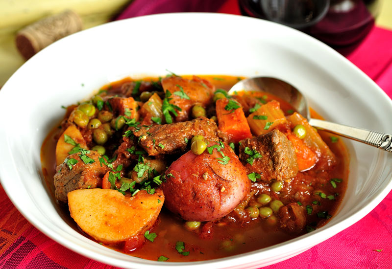 Simple beef stew with red wine sauce served in a bowl