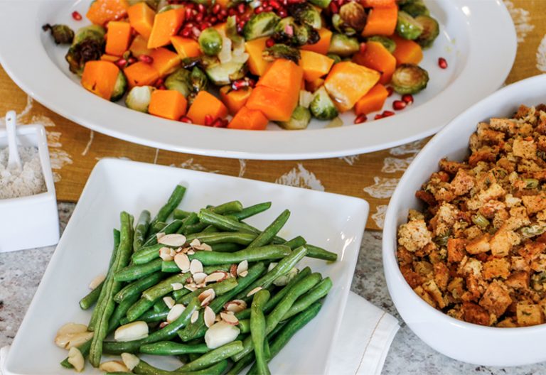 Green beans, stuffing and roasted veggies