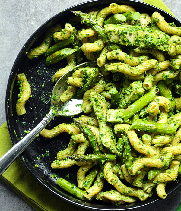 Asparagus Chicken Pasta with Parsley Pesto In Pan