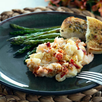 Lobster mac and cheese with asparagus
