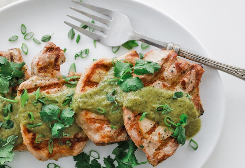 GRILLED PORK CHOPS WITH ROASTED PINEAPPLE SALSA VERDE