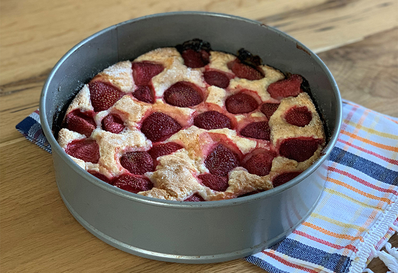 Summer strawberry cake in pan
