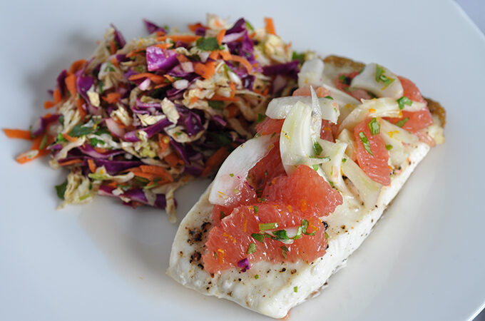Halibut with Citrus Slaw and Grapefruit Compote