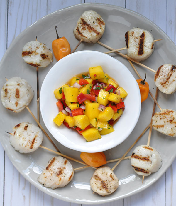  Grilled Scallop Kebobs with Mango Habanero Salsa