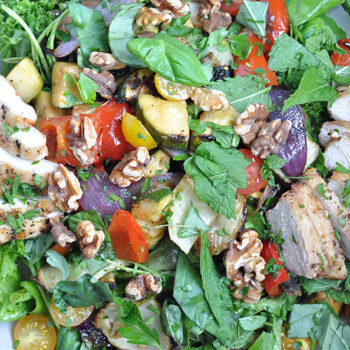 Composed Salad of Greens, Roasted Vegetables, Chicken, Feta and Walnuts