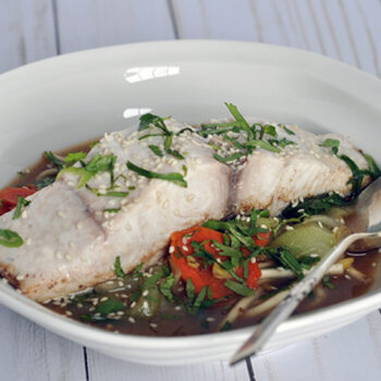 Mahi Mahi Filets Poached in Five Spice Broth with Baby Bok Choy and Udon Noodles
