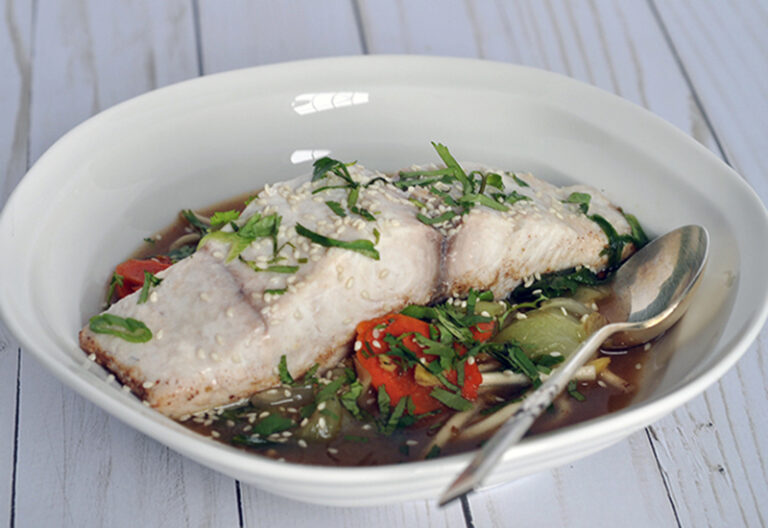 Mahi Mahi Filets Poached in Five Spice Broth with Baby Bok Choy and