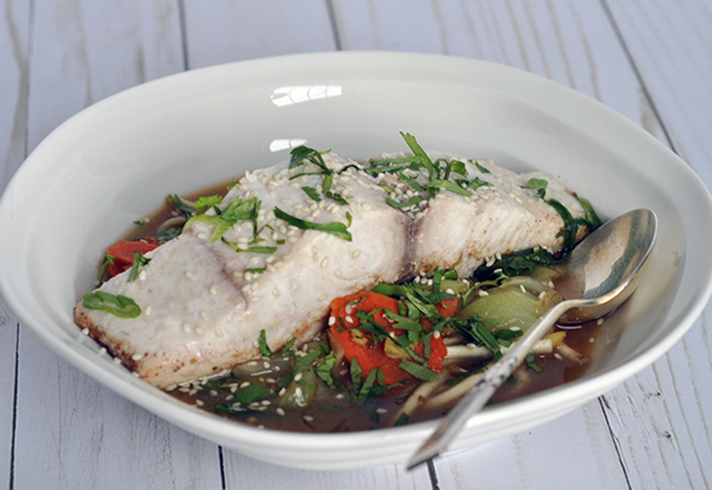 Mahi Mahi Filets Poached in Five Spice Broth with Baby Bok Choy and Udon Noodles