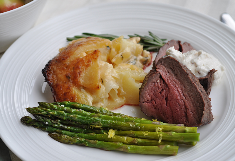 Roast beef. asparagus, and potatoes