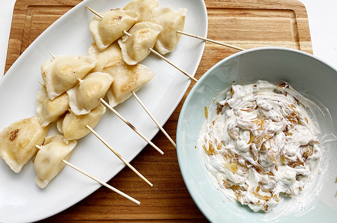 Skewered Pierogis with Caramelized Onion Sour Cream
