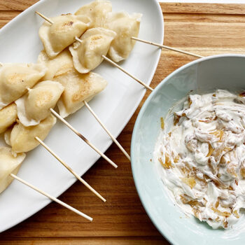 Skewered Pierogies with Caramelized Onion Sour Cream