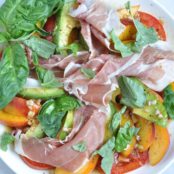 Summer Salad with Tomatoes, Peaches, Avocado and Prosciutto