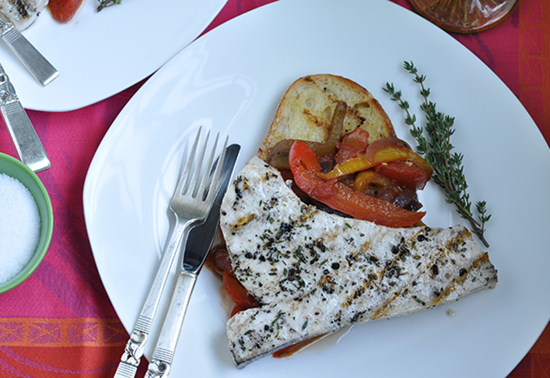 Swordfish with Peppers and Grilled Garlic Bread