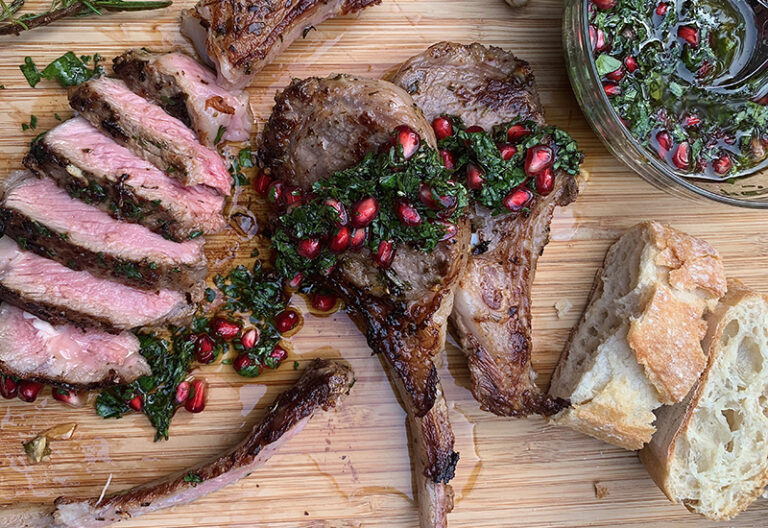 Marinated Lamb Chops with Mint Pomegranate Chimichurri Heinen's
