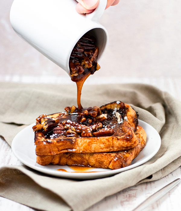 Brioche Pecan Pie French Toast with Pecan Syrup Drizzle