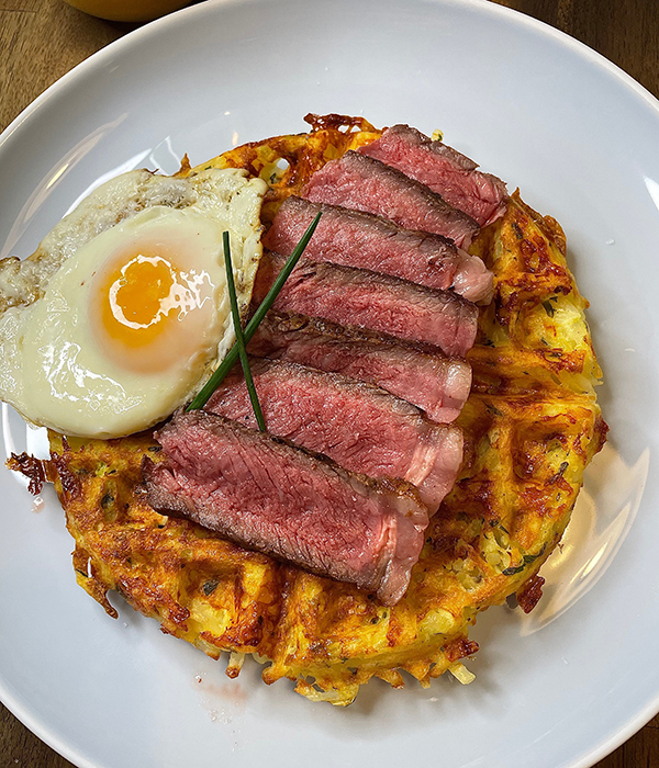 Steak and Eggs with a Potato Waffle