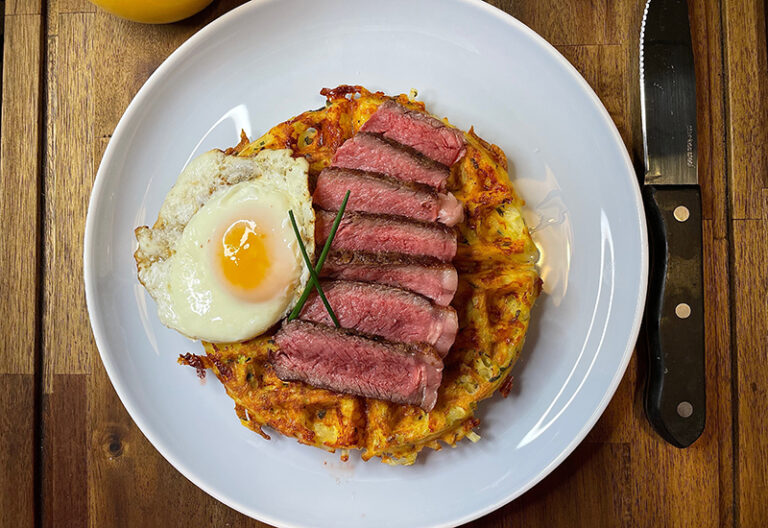 Steak & Eggs with a Potato Waffle Heinen's Grocery Store