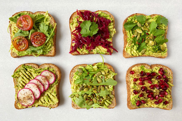 Six different types of avocado toast