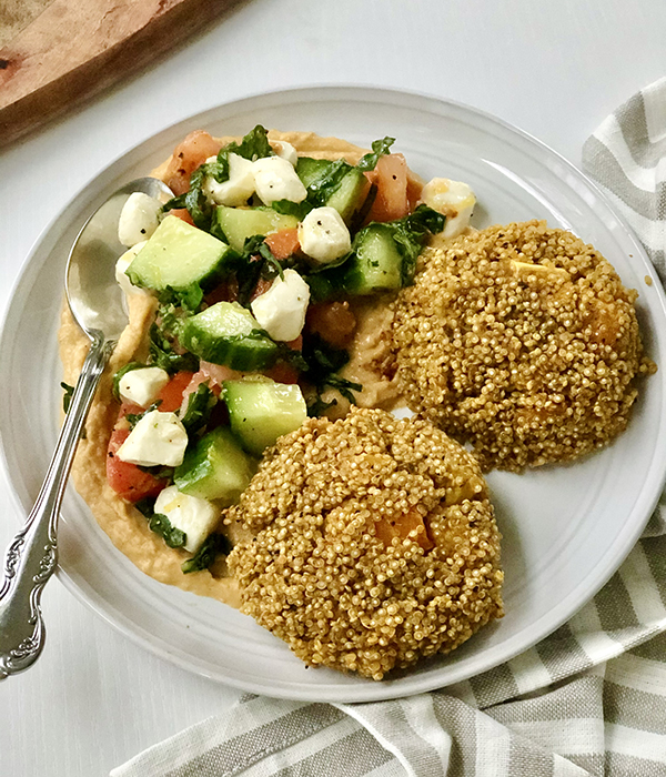 Sweet and Savory Quinoa Cakes with Mediterranean Salad