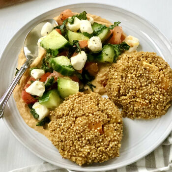 Sweet and Savory Quinoa Cakes with Mediterranean Salad