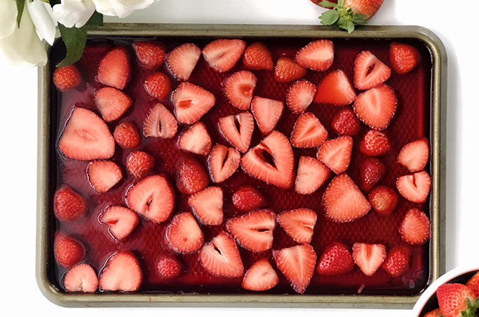 Strawberry Jell-O with Fresh Strawberries in Sheet Tray